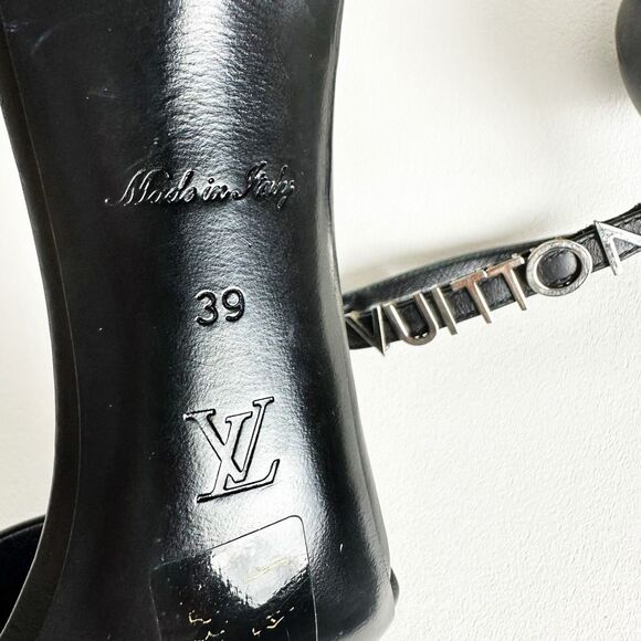 LOUIS VUITTON Black Call Back Sandal Heels Size 39 US 8.5 Logo Leather Strappy - Picture 14 of 15